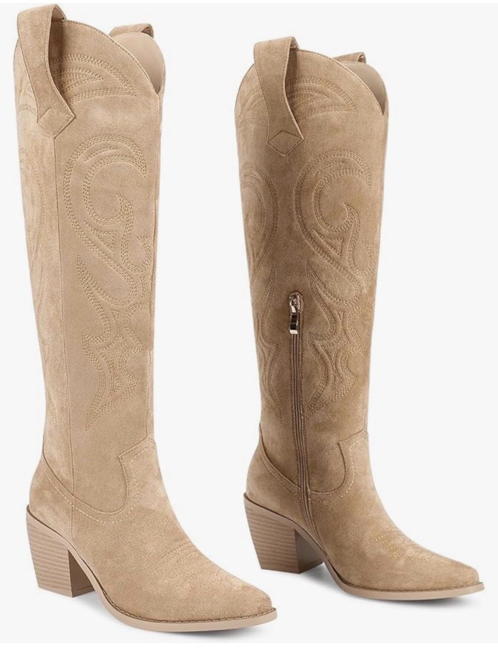 Faux Suede Knee-High Western Heeled Boots in Tan
